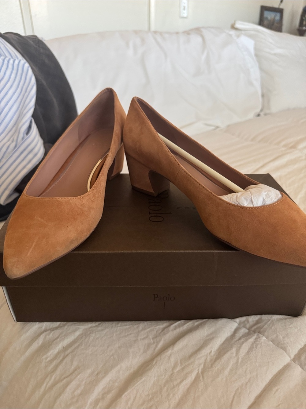Paolo Tan Suede Mid Block Heel Pumps